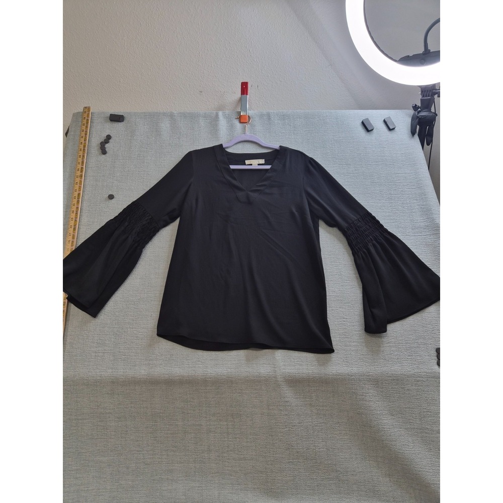Michael Kors Flowy Top Womens Small Black Smocked Bell Sleeve V-Neck Casual